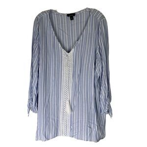 Alyx Tunic Women’s Blue White Stripes Tassel Tie Embroidered V Neck Tie Sleeves